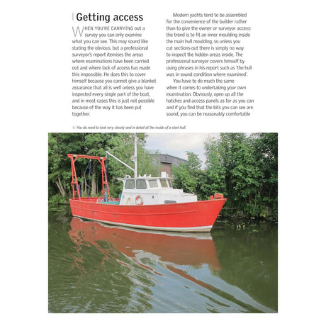 A skilled professional uses techniques from "Be Your Own Boat Surveyor" by Adlard Coles to meticulously examine a small vessel's systems on a tranquil body of water. The boat, partially submerged, bears signs of rust and is surrounded by trees and vibrant greenery. Inset text emphasizes the significance of conducting detailed yacht inspections to evaluate their condition.