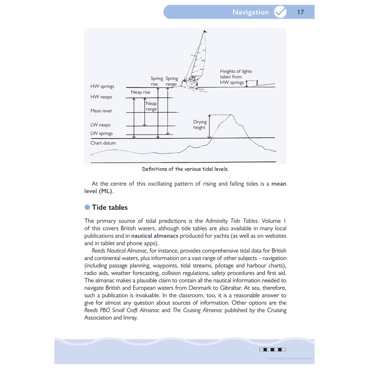 A page from the book "Pass Your Yachtmaster" by Adlard Coles showing tide definitions and an explanation of tide tables. The top diagram illustrates various tidal levels like HW springs and LW springs, indicating mean level (ML) in the center. Text discusses the Admiralty Tide Tables, which are essential for RYA Yachtmaster exam preparation.