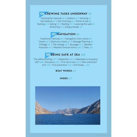 On a blue background, the "Go Sailing" guide by Adlard Coles features sections on crewing tasks, navigation, and sea safety. Topics like hoisting the mainsail, weather forecasts, and safety briefings are highlighted. A scenic boat photo on calm water is at the bottom.