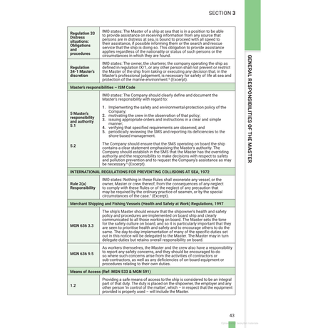 A section from Reeds Marine Deck 2: Crammer for Deck Officer Oral Exams by Bloomsbury Publishing, offers comprehensive maritime regulations and master’s responsibilities, covering safety and security measures, international safety standards, and ship access protocols—perfect for those studying for MCA oral exams. The information is presented in a chart format.