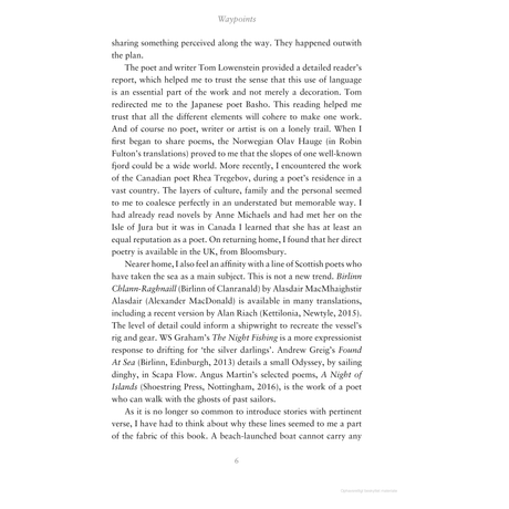 A page from "Waypoints" by Adlard Coles, capturing how Tom Lowenstein's poetry influenced the author during a solitary trip to Japan. It blends maritime tales with poetic essence, evoking sea voyages along Scotland's west coast and featuring translated poetry.