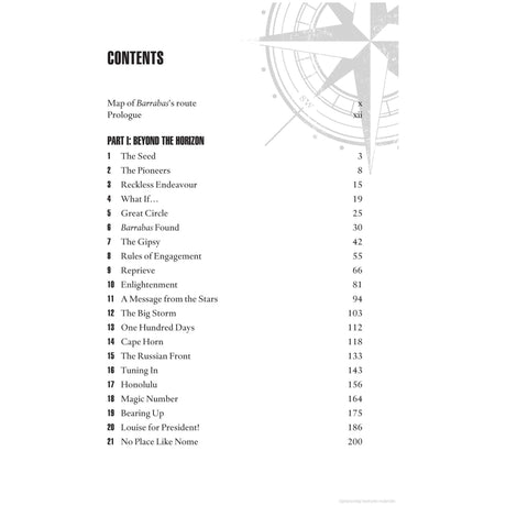 The contents page of "Over the Top," published by Adlard Coles, is divided into Part I: Beyond the Horizon, featuring chapters from "The Seed" on page 3 to "No Place Like None" on page 211. The left margin displays a decorative compass design, conveying an epic challenge reminiscent of a lone yachtsman's vertical voyage.