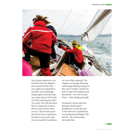 Sailors are navigating a sailboat through challenging seas, sporting vibrant jackets and harnesses to ensure safety. The image beautifully captures the energetic motion of the boat as it leans, emphasizing the adventurous spirit of using Practical Skipper by Adlard Coles. Text beside elaborates on seamanship skills and overcoming challenges.