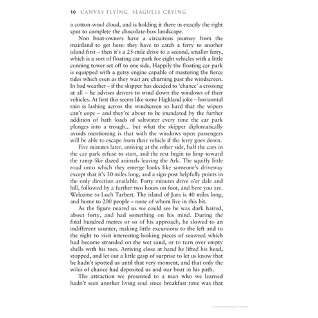 A page from the Adlard Coles book, "Canvas Flying, Seagulls Crying," describes a cruising adventure to a floating car park on another island. The narrative vividly depicts the scenery, driving on narrow roads, and managing tides much like steering a classic wooden yacht through demanding waters.