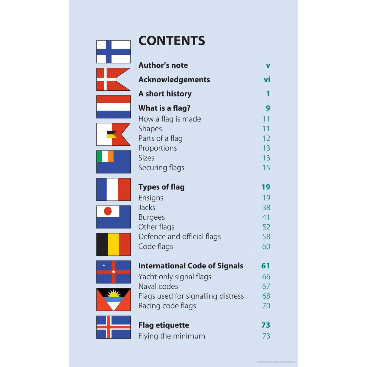 The table of contents in the Reeds Maritime Flag Handbook by Reeds showcases maritime flags next to each section title. Sections encompass "Author's note," "Acknowledgements," "What is a flag?," "Types of flag, including yacht club burgees," "International Code of Signals," and "Flag etiquette," each accompanied by their respective page numbers.