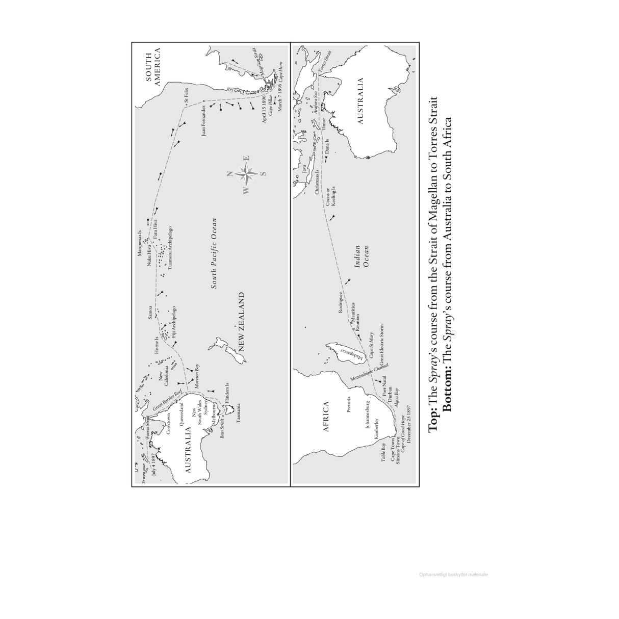 A map outlining the voyages of "The Spy" reminiscent of Joshua Slocum's solo circumnavigation, as depicted in "Sailing Alone Around the World" by Adlard Coles. The top map features the journey from the Strait of Magellan to Torres Strait, while the bottom displays the route from Australia to South Africa, emphasizing geographic landmarks and ocean currents.