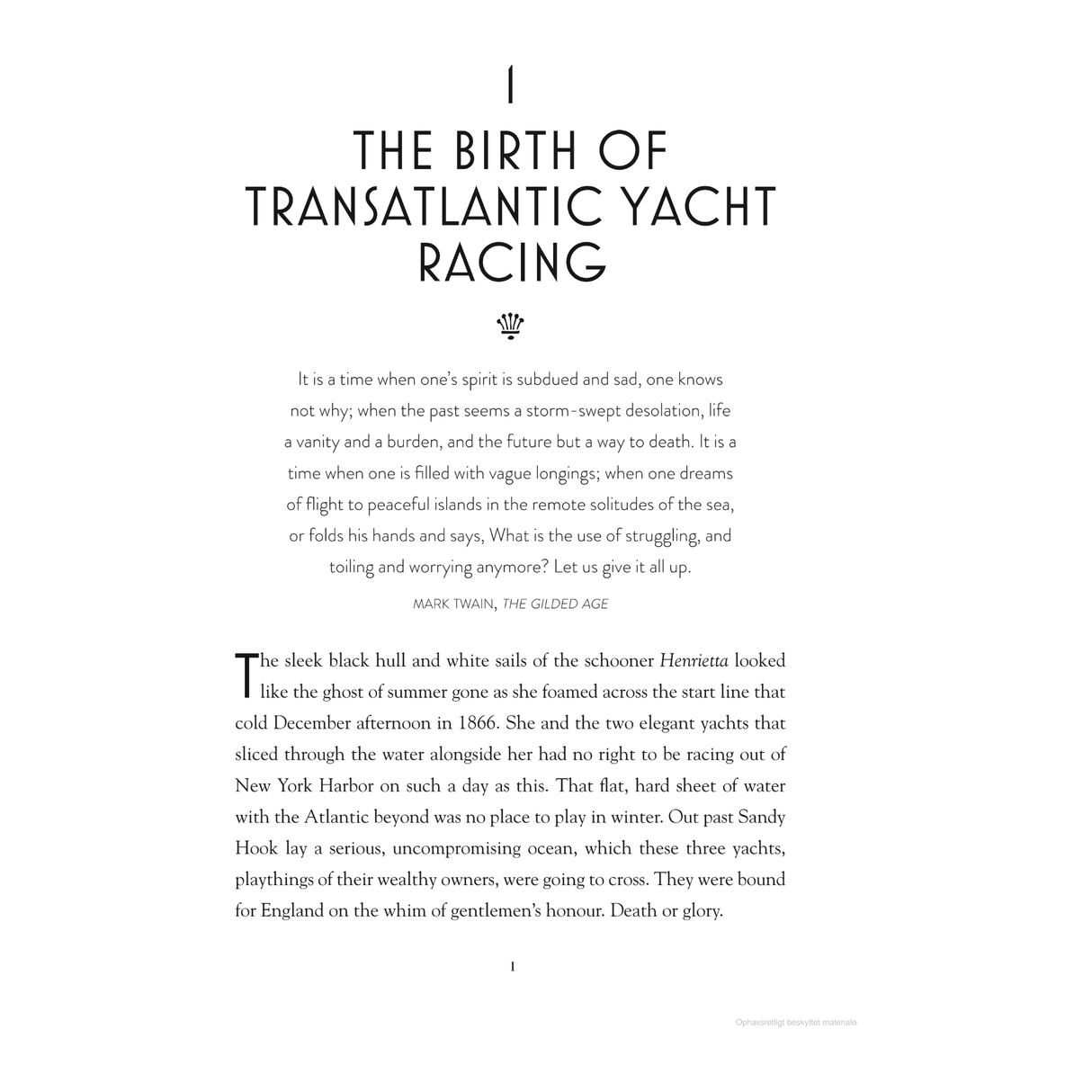 A page from "Gordon Bennett and the First Yacht Race Across the Atlantic" by Adlard Coles features a chapter titled "The Birth of Transatlantic Yacht Racing," with a Mark Twain quote from "The Gilded Age," and a vivid description of December 1866's daring yacht race scene.