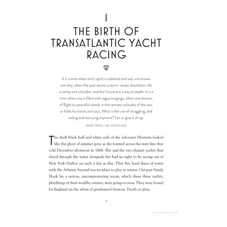 A page from "Gordon Bennett and the First Yacht Race Across the Atlantic" by Adlard Coles features a chapter titled "The Birth of Transatlantic Yacht Racing," with a Mark Twain quote from "The Gilded Age," and a vivid description of December 1866's daring yacht race scene.