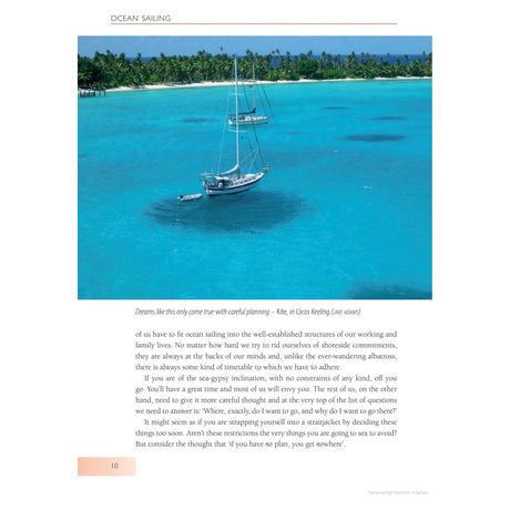 Three sailboats rest in calm blue waters near a lush green island, part of a magazine layout featuring "Ocean Sailing" by Adlard Coles. Text discusses the freedom and planning integral to sea travel.