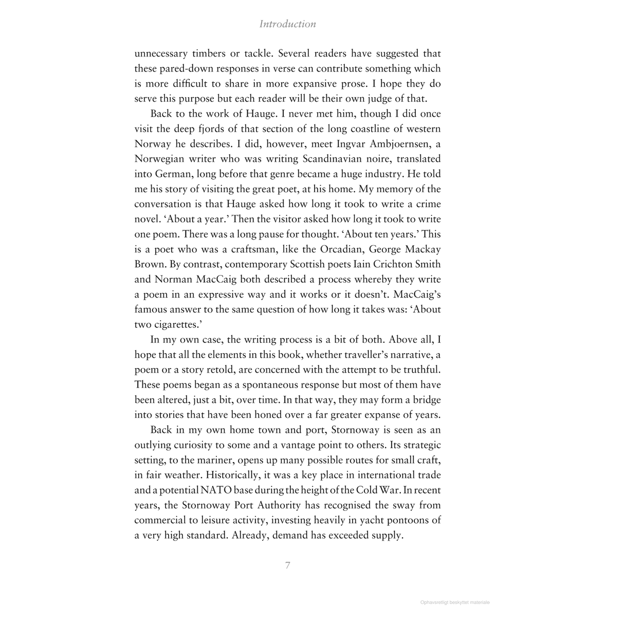 A page from "Waypoints" by Adlard Coles explores the challenge of succinctly capturing poetry, Hauge's translations and influence, famous Scottish poets, and highlights Hauge's simplicity with timeless poetic value akin to maritime storytelling along Scotland's west coast.