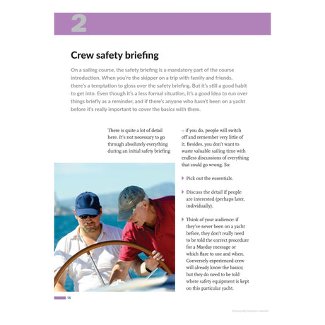 Page from "Practical Skipper" by Adlard Coles, titled "Crew Safety Briefing." It features a paragraph emphasizing the significance of safety briefings in yacht skippering, a checklist within a text box, and an image depicting two crew members managing ropes on a yacht. The page is numbered 14 at the bottom left.