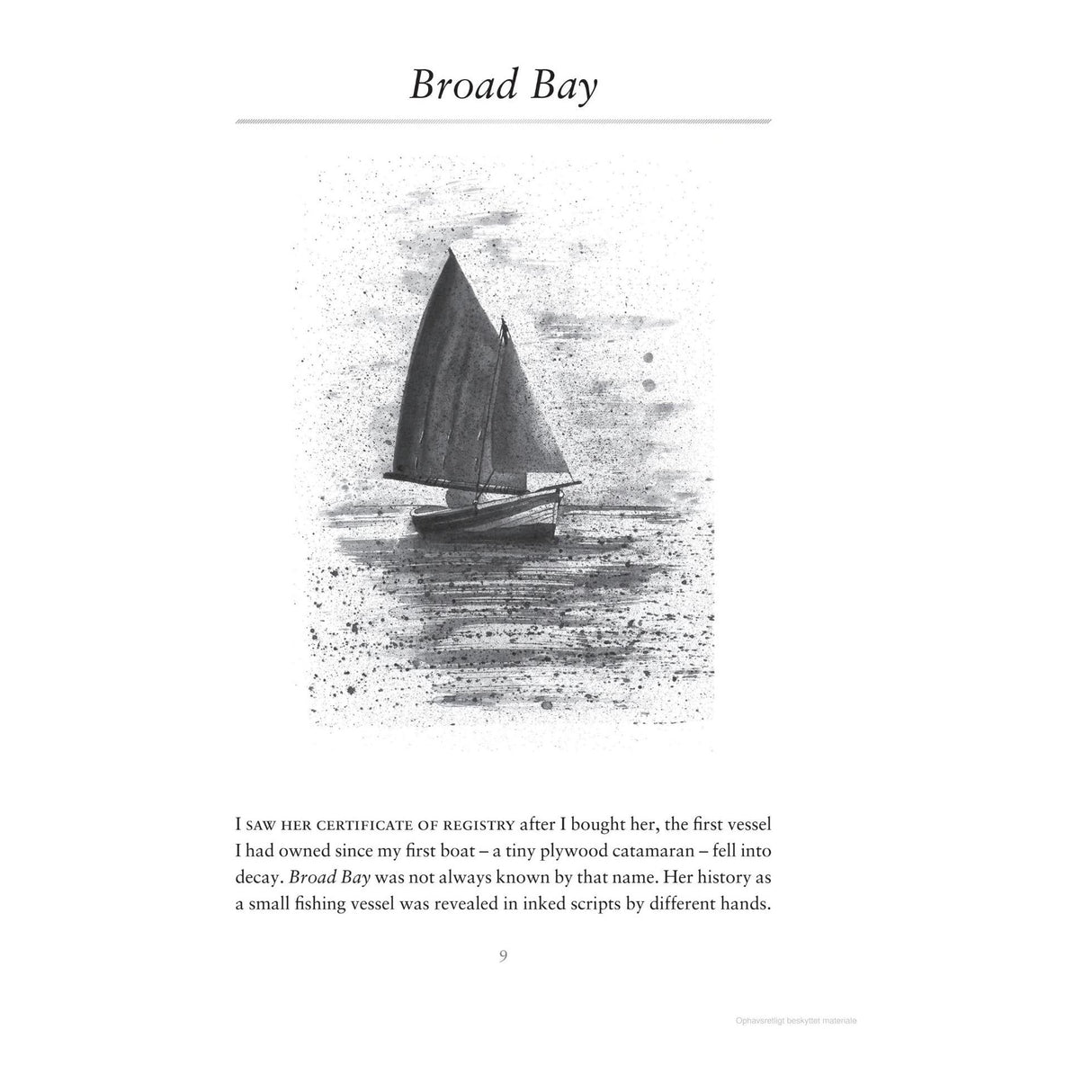 The "Waypoints" book by Adlard Coles features a textured black and white illustration of a sailboat on water, complemented by a maritime storytelling narrative detailing its history and sea journeys along Scotland's west coast on a page titled "Broad Bay.