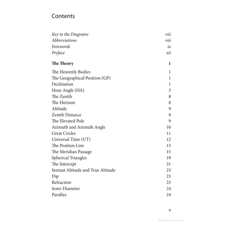 The contents page from "Celestial Navigation for Yachtsmen" by Adlard Coles includes sections like "The Theory," "The Heavenly Bodies," plus topics such as "Declination," "The Zenith," and insights on using a sextant for great circles and understanding refraction, complete with page numbers.