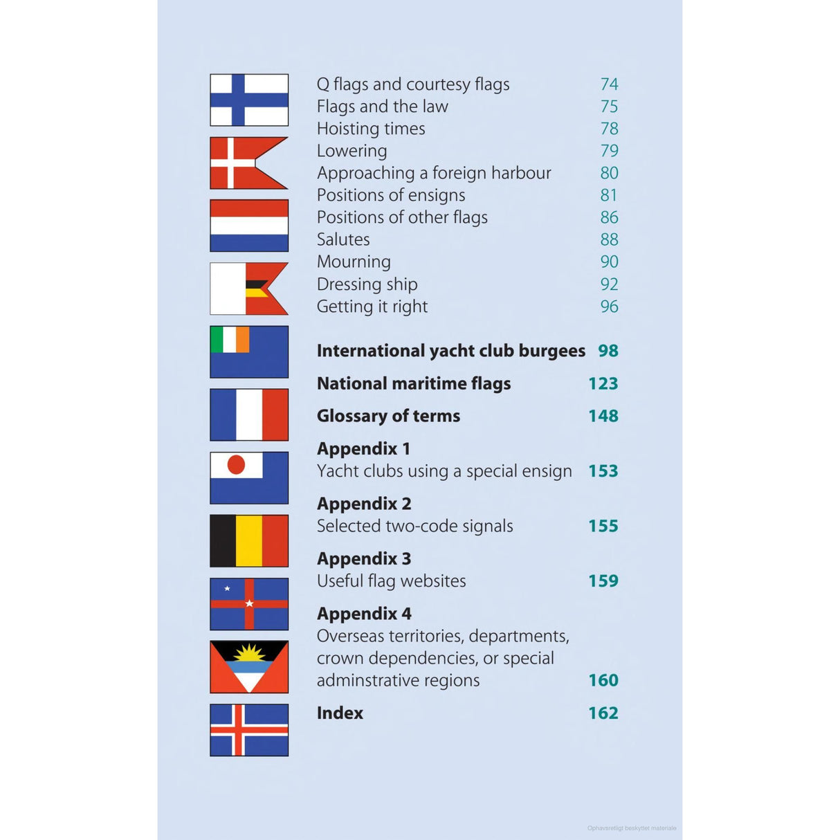 The Reeds Maritime Flag Handbook showcases flags and section titles from a book's table of contents, including maritime flags, signal flags, international yacht club burgees, and various appendices. Each section is accompanied by page numbers for easy navigation.