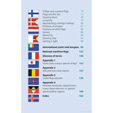 The Reeds Maritime Flag Handbook showcases flags and section titles from a book's table of contents, including maritime flags, signal flags, international yacht club burgees, and various appendices. Each section is accompanied by page numbers for easy navigation.