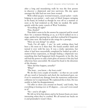 The book "Canvas Flying, Seagulls Crying" by Adlard Coles contains a black and white text page titled "Boat Crash Spectators," featuring dialogue about a shipwreck discovery. Amidst this cruising adventure, the speaker reflects on a day when someone corrected his course while canvas flew and seagulls cried, later pondering his forgotten response.