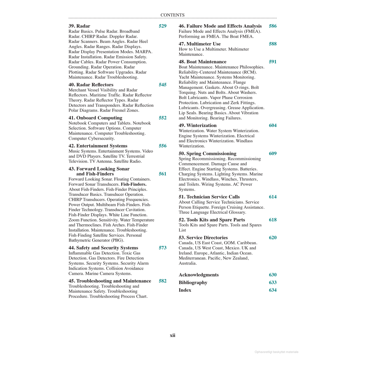 The contents page of the Marine Electrical and Electronics Bible by Adlard Coles covers topics like radar technologies, fire control systems, and troubleshooting procedures. Essential test equipment such as oscilloscopes and multimeters is also highlighted, offering a comprehensive guide to marine electrical systems with listed page numbers.