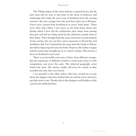 In "Waypoints" by Adlard Coles, a page explores Viking origins, maritime tales of Scotland's west coast adventures, and personal sea journey reflections from Clyde to Orkney, sharing experiences, challenges, and captivating stories of voyages.