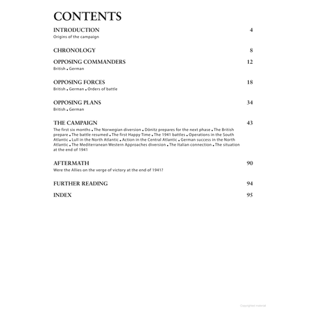 Contents page from "Battle of the Atlantic (1)" by Osprey Publishing with section titles and page numbers: Introduction (4), Chronology (8), Opposing Commanders (12), Royal Navy and German U-boats (18), Opposing Plans (34), The Campaign's Impact on Allied Shipping (43), Aftermath (90), Further Reading (94) & Index.