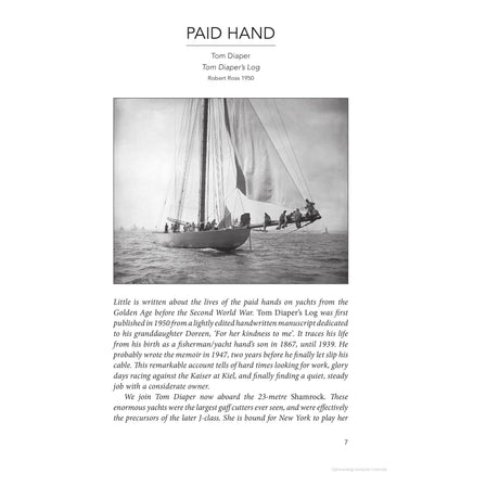 A black-and-white photo of the 23-meter yacht Shamrock shows sailors hoisting sails. Above, text describes Tom Diaper's pre-WWII yachting life, with his 1950 log for his granddaughter—a classic piece of yachting literature akin to Tom Cunliffe's tales. Product: In the Wake of Heroes by Adlard Coles.