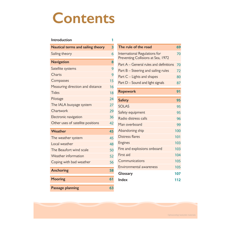 A table of contents from "Pass Your Day Skipper" by Adlard Coles, listing various sections and their corresponding page numbers. Sections include Introduction, Nautical Terms and Sailing Theory, Navigation, Anchoring, Mooring, Passage Planning, The Rule of the Road, Ropework, Safety in Coastal Waters Exploration and others.