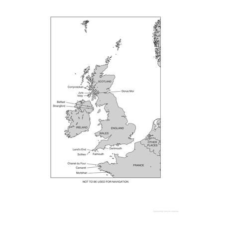 Embark on a cruising adventure with the "Canvas Flying, Seagulls Crying" map from Adlard Coles. This detailed chart outlines parts of the British Isles and surrounding regions, featuring labeled areas such as Scotland, Ireland, Wales, England, and France. Notable locations like Belfast and Land's End are marked for your enjoyment. Please note that this map is not intended for navigation purposes—imagine canvas flying as seagulls cry overhead.