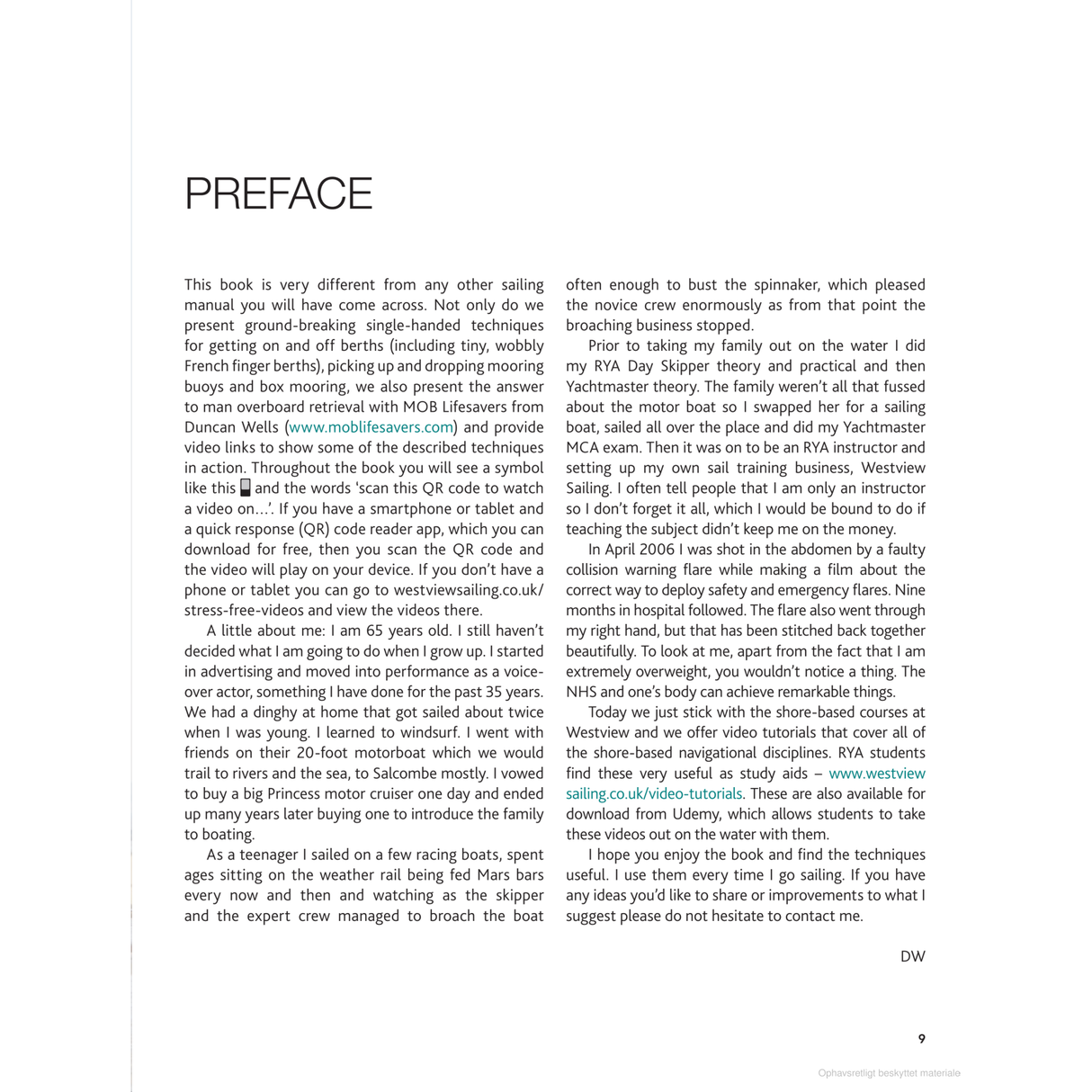 The "Preface" of Duncan Wells' book, "Stress-Free Sailing" by Adlard Coles, presents Stress-Free Sailing techniques, detailing various methods ideal for short-handed crews. The page includes QR codes linking to videos for enhanced learning.