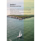 A split image illustrates a sailboat on an emerald ocean close to white cliffs, accompanied by overlay text. Labeled "Section 1: Business and Law," it explores the significance of regulation in maritime settings—essential insights for those using Reeds Marine Deck 2: Crammer for Deck Officer Oral Exams by Bloomsbury Publishing to prepare their marine study guide or MCA oral exams.