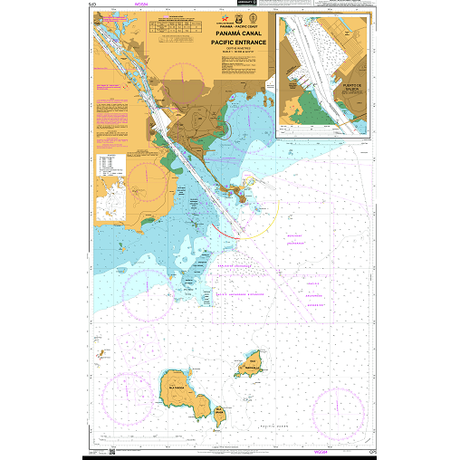 Admiralty Chart CP5: Panama Canal Pacific Entrance by Admiralty details navigation routes, depths, islands, safety zones, and coastal features, with an inset of the entrance area to aid SOLAS compliance.