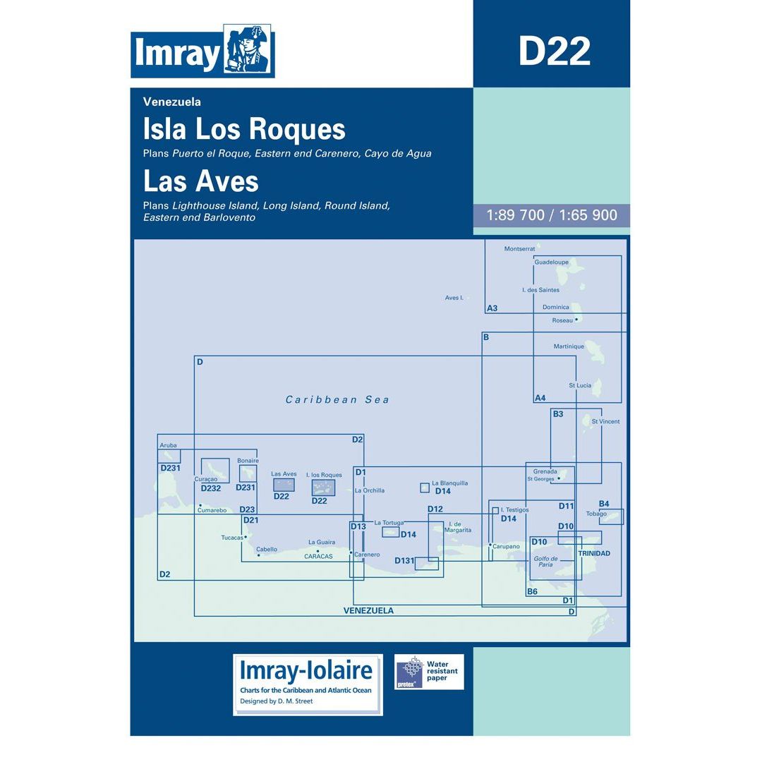 Imray Chart D22: Isla Los Roques & Las Aves by Imray covers these Venezuela islands with Eastern Caribbean maps, map sections, scales 1:89,700 and 1:65,900, plus publisher info. Features a blue and white design with Caribbean islands.