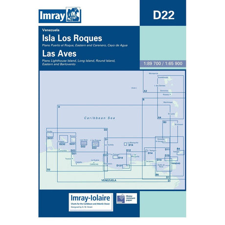 Imray Chart D22: Isla Los Roques & Las Aves by Imray covers these Venezuela islands with Eastern Caribbean maps, map sections, scales 1:89,700 and 1:65,900, plus publisher info. Features a blue and white design with Caribbean islands.
