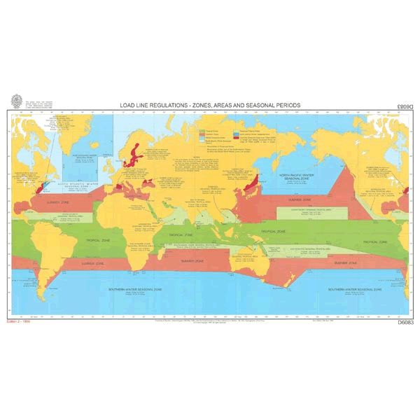 The Admiralty Load Line Regulations Chart D6083: The World displays vessel loading limits with colored zones, UKHO chart labels, and seasonal shipping periods to indicate restrictions across global oceans and continents.