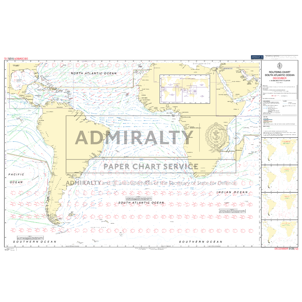Admiralty Routeing Chart 5125(12): South Atlantic Ocean – December by Admiralty details ocean currents, wind directions, and shipping routes for navigation, with inset maps and annotations. Labeled “ADMIRALTY PAPER CHART SERVICE.”.