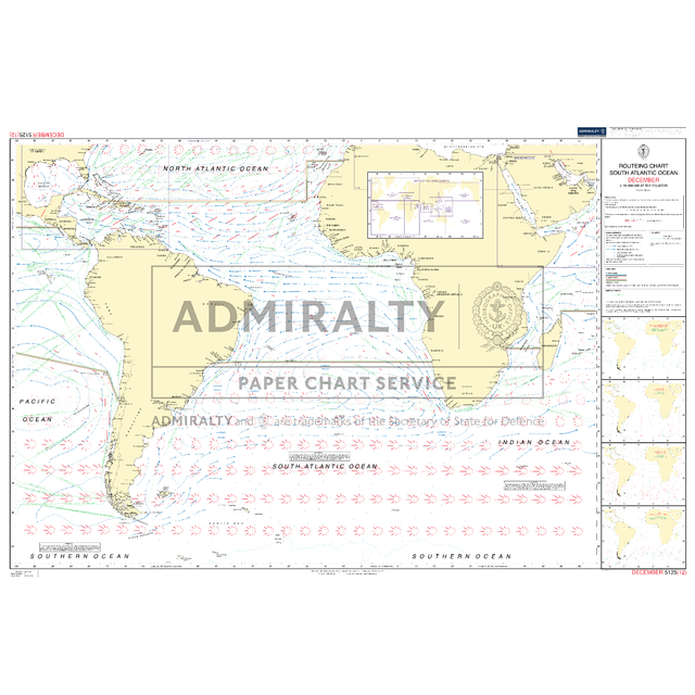 Admiralty Routeing Chart 5125(12): South Atlantic Ocean – December by Admiralty details ocean currents, wind directions, and shipping routes for navigation, with inset maps and annotations. Labeled “ADMIRALTY PAPER CHART SERVICE.”.