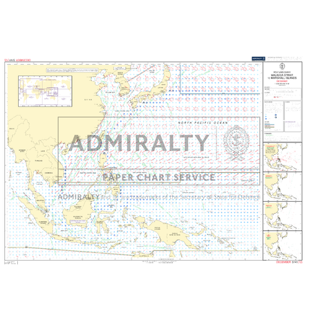 Admiralty Routeing Chart 5141(12): Malacca Strait to Marshall Islands - December shows the Marshall Islands and nearby regions with navigational markings, depth contours, shipping routes, and detailed inset maps on the right.