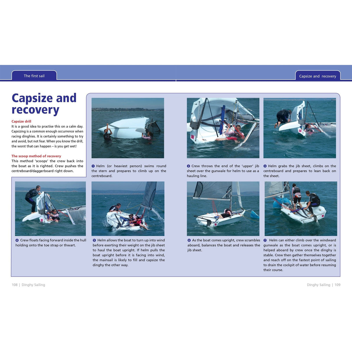 Dinghy Sailing: Start to Finish by Fernhurst Books offers a step-by-step guide on capsize and recovery with UKSA's expert sailing techniques. Images depict capsizing, rotating the boat, climbing the centerboard, and boarding. Text details efficient recovery methods (Pages 108-109).