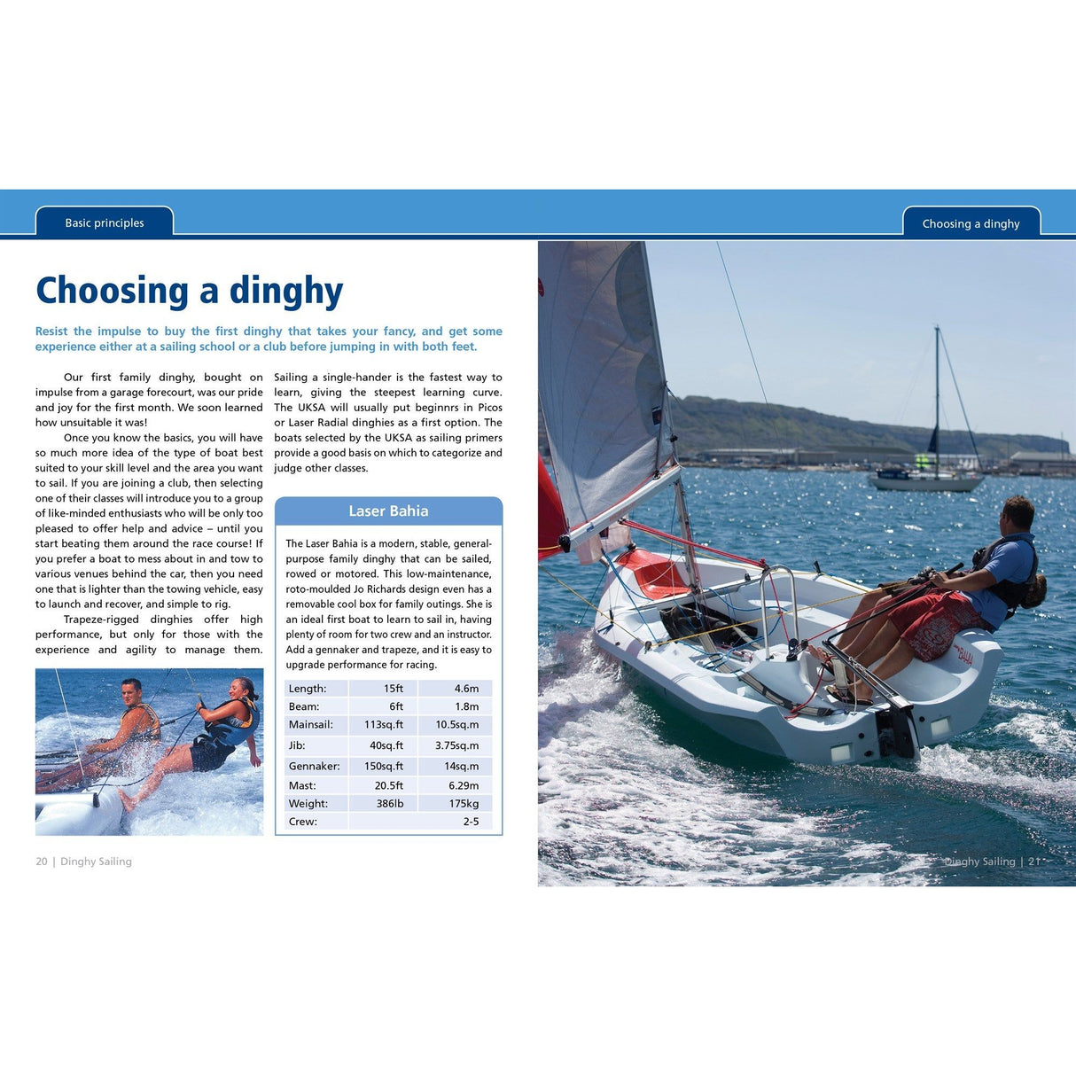 The magazine spread on dinghy sailing highlights an article titled "Choosing a Dinghy," featuring text, specifications for the Laser Bahia, sailing techniques, and images of people navigating the ocean in a small sailboat from "Dinghy Sailing: Start to Finish" by Fernhurst Books.