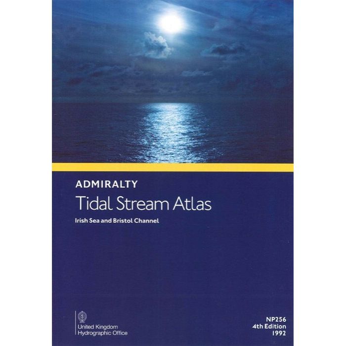 Cover of the "Admiralty Tidal Stream Atlas NP256: Irish Sea and Bristol Channel" by the United Kingdom Hydrographic Office. Ideal for voyage planning, it depicts a moonlit ocean under a cloudy night sky. 4th Edition, 1992.