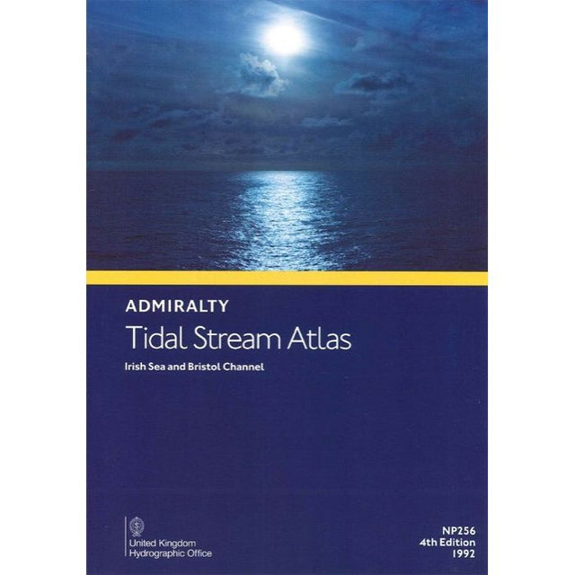 Cover of the "Admiralty Tidal Stream Atlas NP256: Irish Sea and Bristol Channel" by the United Kingdom Hydrographic Office. Ideal for voyage planning, it depicts a moonlit ocean under a cloudy night sky. 4th Edition, 1992.