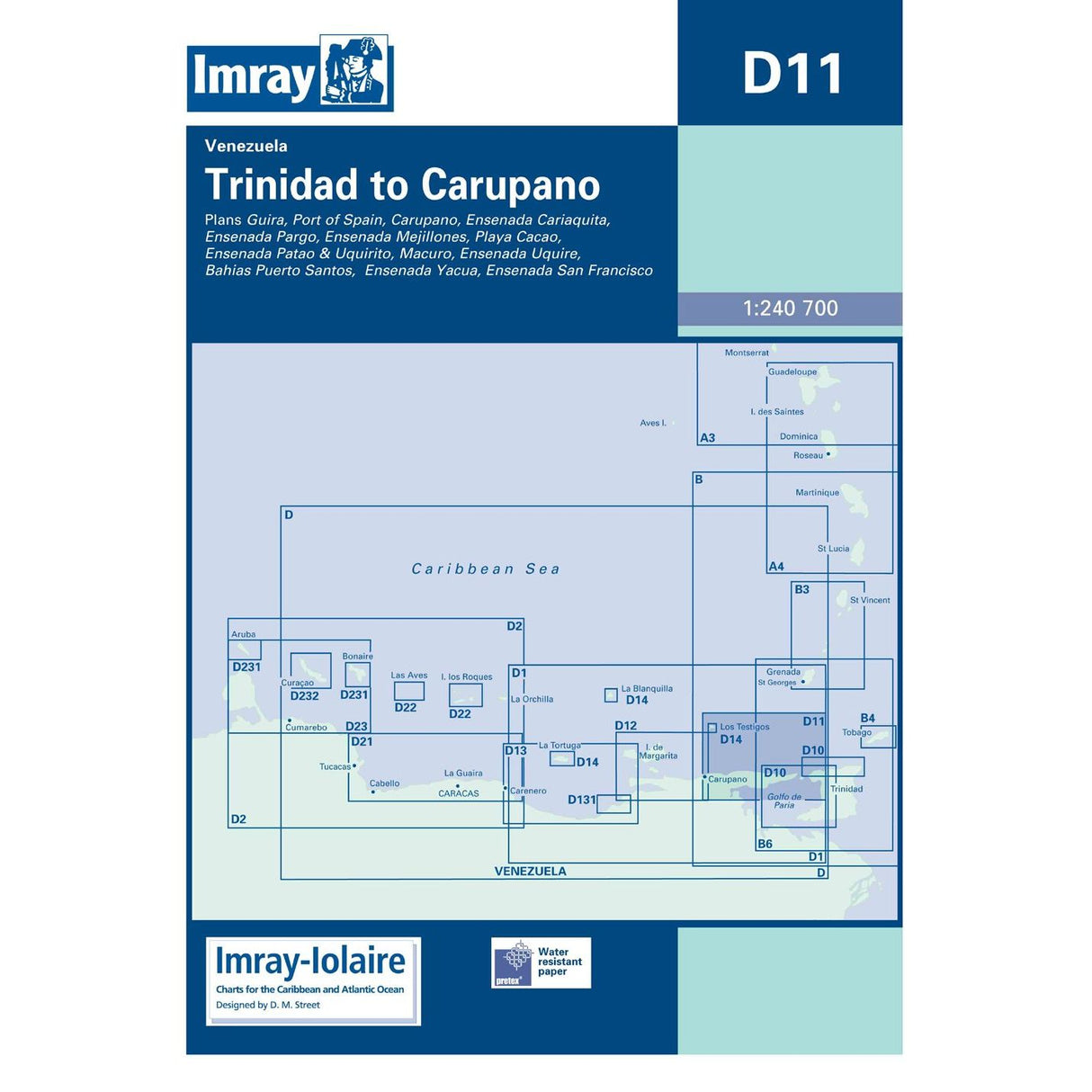 Imray Chart D11: Trinidad to Carupano, by Imray, displays a map of northern Venezuela and Trinidad with a grid, inset maps, covered areas list, and publisher logos at the bottom.