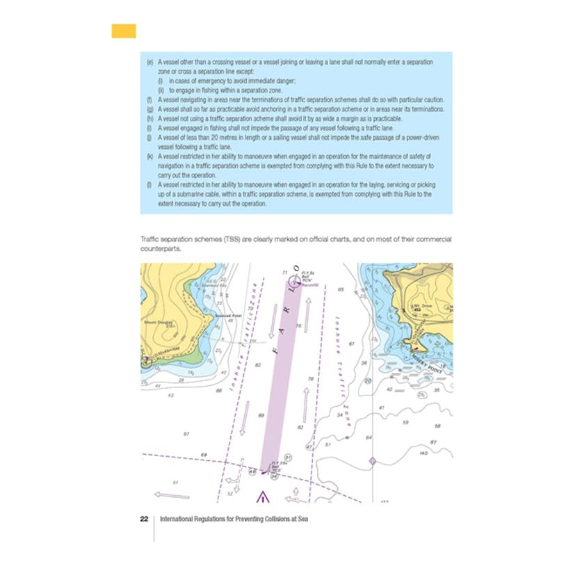 Page from the RYA Collision Regulations by the Royal Yachting Association discussing traffic separation schemes (TSS) with text and a nautical chart illustration. The chart depicts sea lanes, navigational markings, and geographical features. The text emphasizes rules for vessel conduct around TSS areas in accordance with the COLREGS guide.