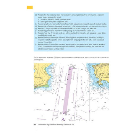 Page from the RYA Collision Regulations by the Royal Yachting Association discussing traffic separation schemes (TSS) with text and a nautical chart illustration. The chart depicts sea lanes, navigational markings, and geographical features. The text emphasizes rules for vessel conduct around TSS areas in accordance with the COLREGS guide.