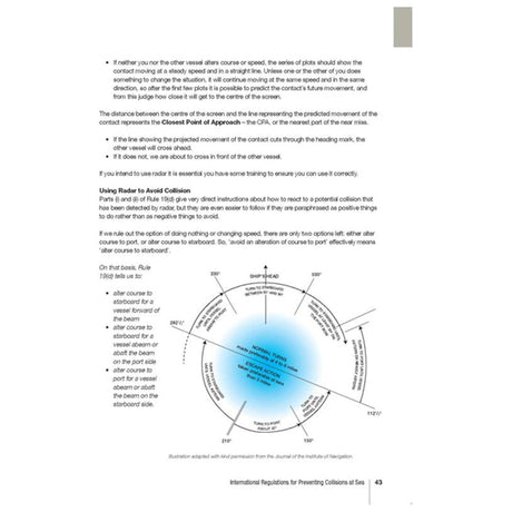 A page from the "RYA Collision Regulations" by the Royal Yachting Association showing a diagram of a collision avoidance scenario with ship paths. The text elaborates on instructions for safe navigation and collision prevention tactics at sea.