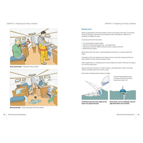 An open book detailing the "RYA Sea Survival Handbook" by the Royal Yachting Association on a boat. The left page has two illustrations: a tidy boat titled "Good seamanship" and a cluttered one titled "Bad seamanship." The right page describes techniques and concepts from the ISAF Offshore Safety training related to heavy weather preparation.