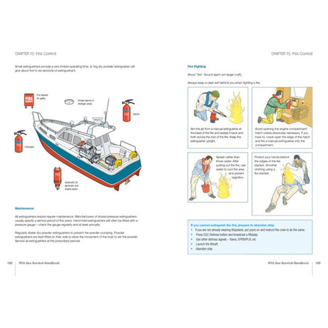 Two pages of the "RYA Sea Survival Handbook" by the Royal Yachting Association titled "CHAPTER 15: Fire Control." The left page features a diagram of a boat highlighting locations for fire extinguishers along with maintenance instructions guided by the ISAF Offshore Safety guidelines. The right page offers firefighting instructions and an illustrated guide.