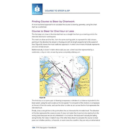 A page titled "Finding Course to Steer by Chartwork" from the Royal Yachting Association's RYA Navigation Handbook features text along with a nautical map illustration that marks example courses and points of travel within a body of water.