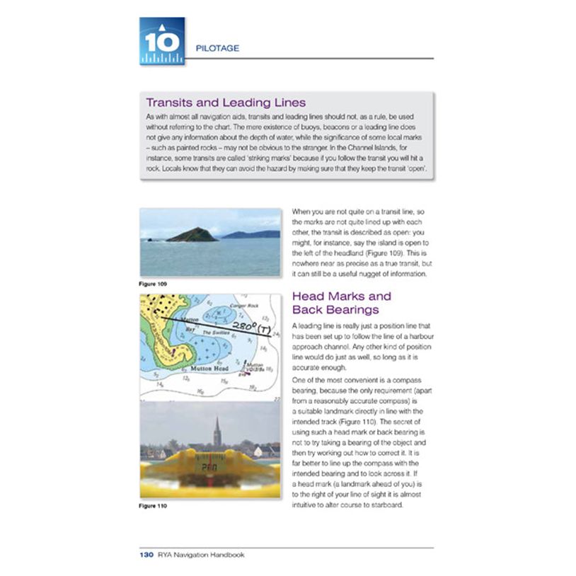 A page from the RYA Navigation Handbook by the Royal Yachting Association elaborates on transits and leading lines in navigation. It features text, images of navigational aids, and an illustrative map. This handbook explains their application in aligning a vessel's route, highlighting visual cues and emphasizing safety.
