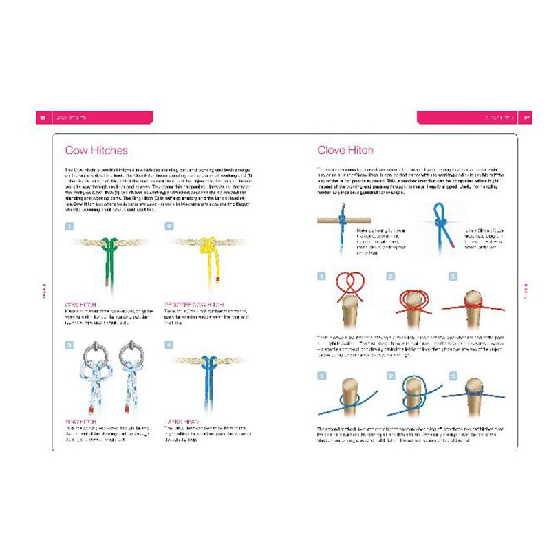 An image from the Royal Yachting Association's RYA Knots, Splices and Ropework Handbook displays instructions on tying knots. The left page includes illustrations for cow hitches, and the right features step-by-step diagrams for clove hitches—essential maritime skills made accessible.