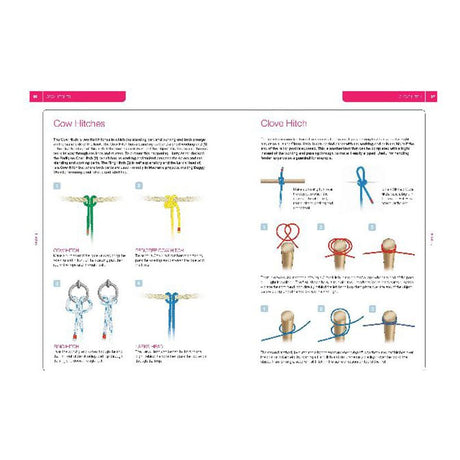 An image from the Royal Yachting Association's RYA Knots, Splices and Ropework Handbook displays instructions on tying knots. The left page includes illustrations for cow hitches, and the right features step-by-step diagrams for clove hitches—essential maritime skills made accessible.