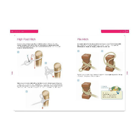 A page from the Royal Yachting Association's "RYA Knots, Splices and Ropework Handbook" features knot tutorials for High Post Hitch and Pile Hitch with step-by-step diagrams and descriptions, perfect for improving your maritime skills.